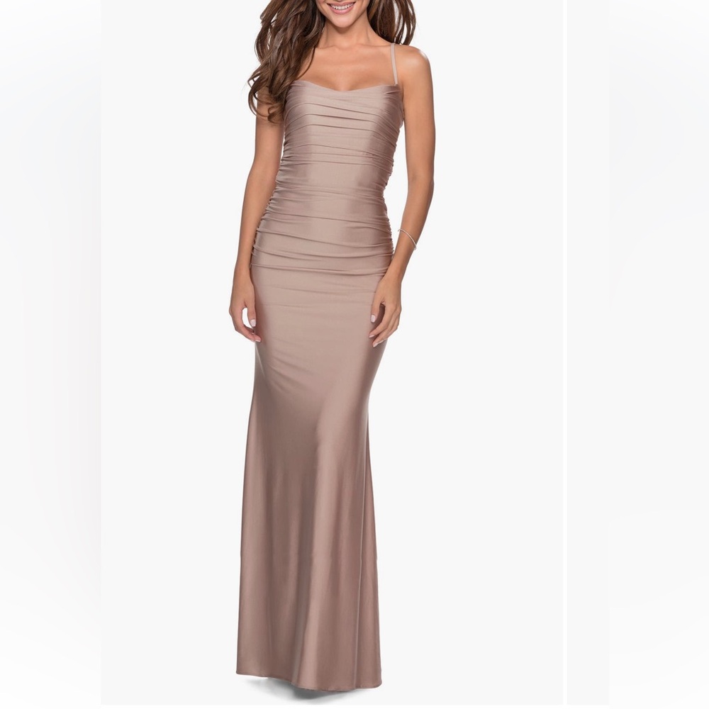 LA FEMME - Long Ruched Jersey Dress